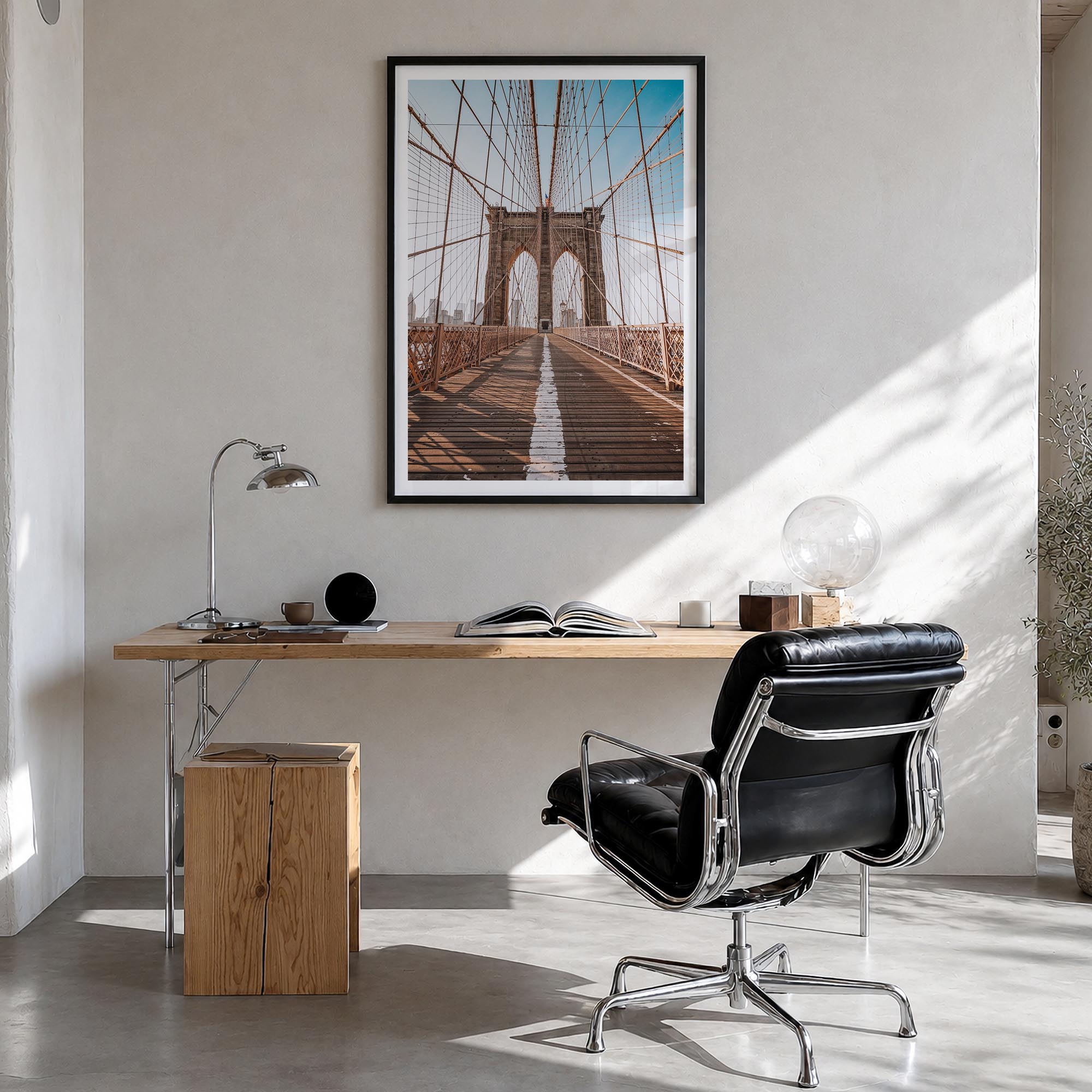 Brooklyn Bridge no. 2 colorful photo poster of New York City, New York – vertical wall art in black wood frame with white bor