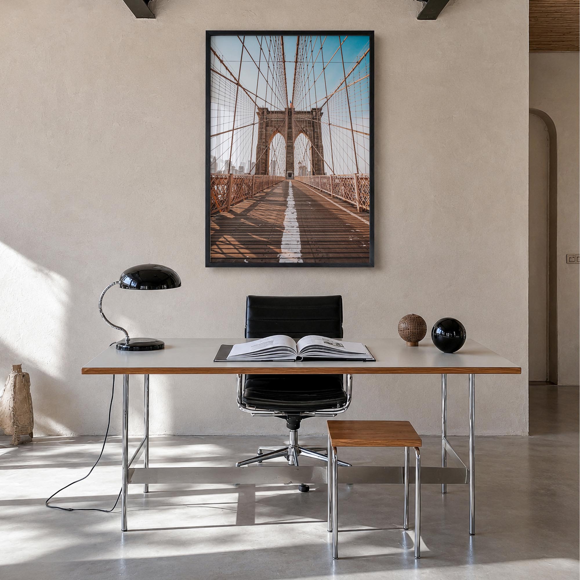 Brooklyn Bridge no. 2 colorful photo poster of New York City, New York – vertical wall art in black wood frame, hanging on wa