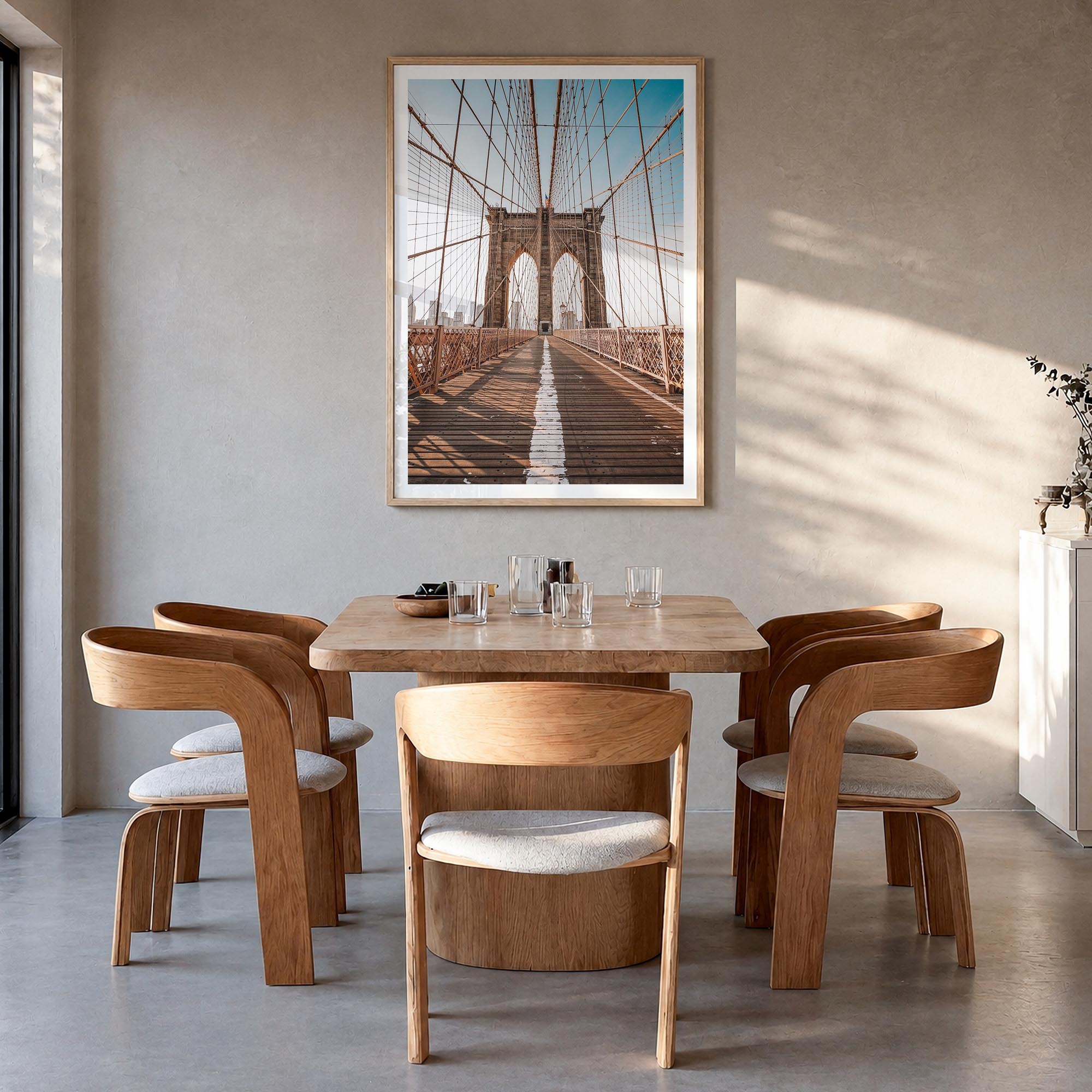 Brooklyn Bridge no. 2 colorful photo poster of New York City, New York – vertical wall art in natural wood frame with white b