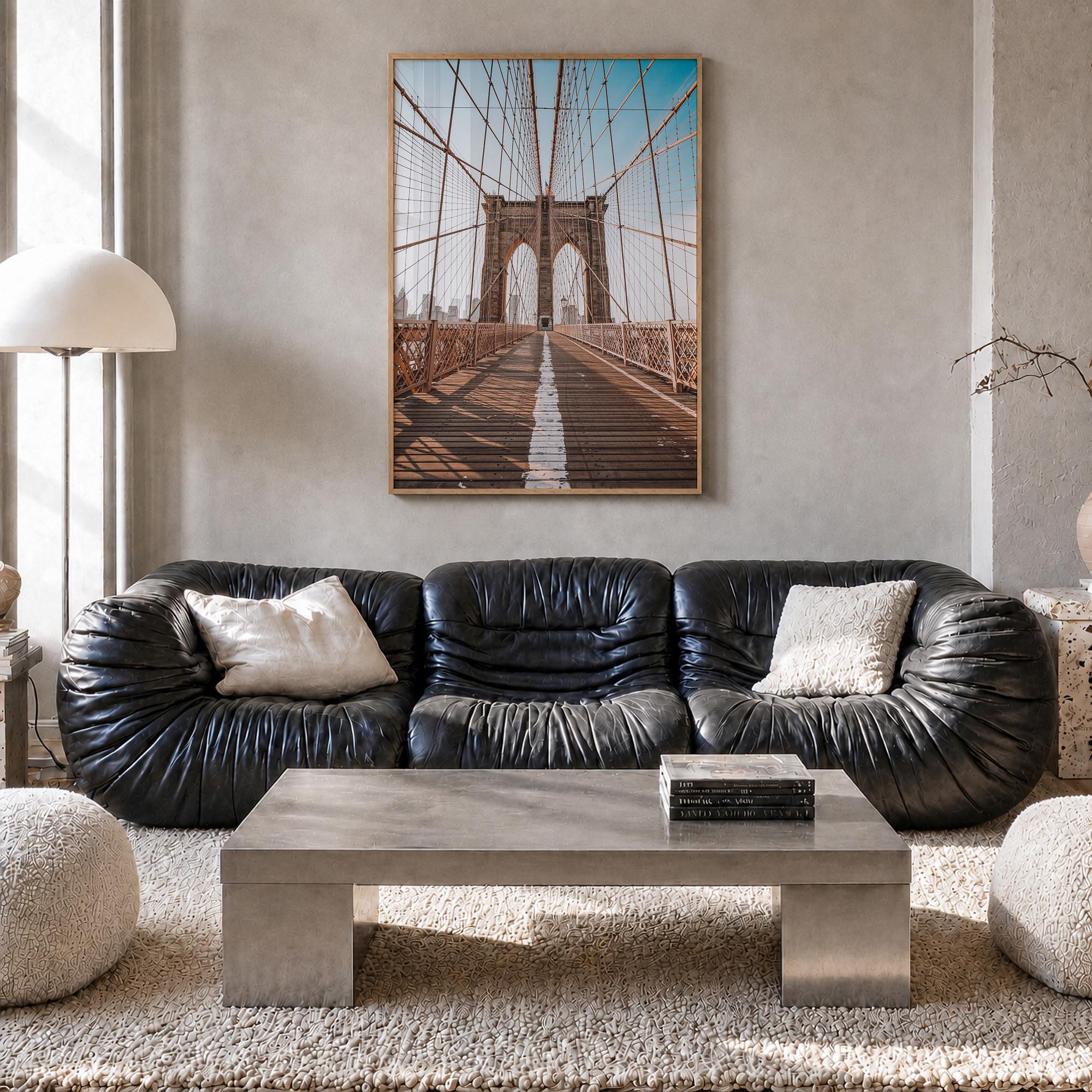 Brooklyn Bridge no. 2 colorful photo poster of New York City, New York – vertical wall art in natural wood frame, hanging on 