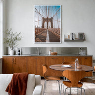 Brooklyn Bridge no. 2 colorful photo poster of New York City, New York – vertical wall art in white wood frame, hanging on wa