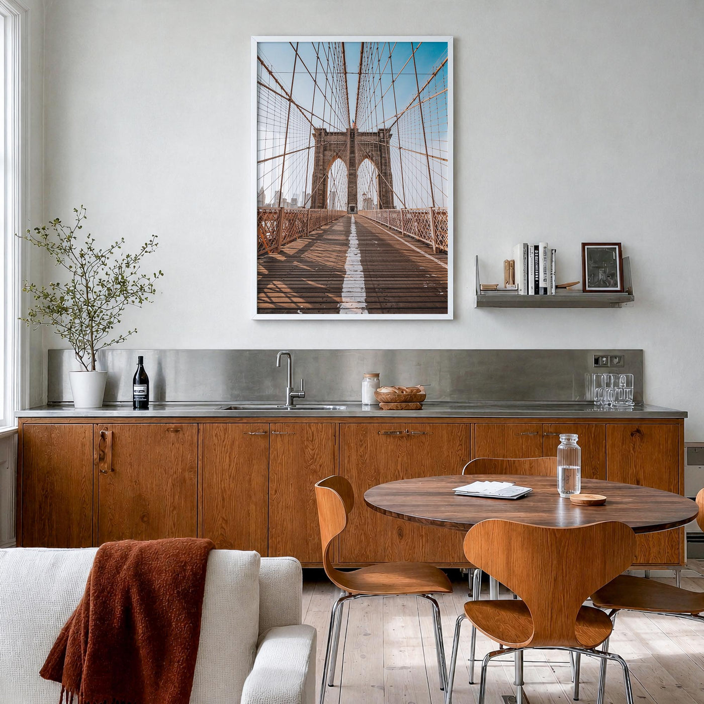Brooklyn Bridge no. 2 colorful photo poster of New York City, New York – vertical wall art in white wood frame, hanging on wa