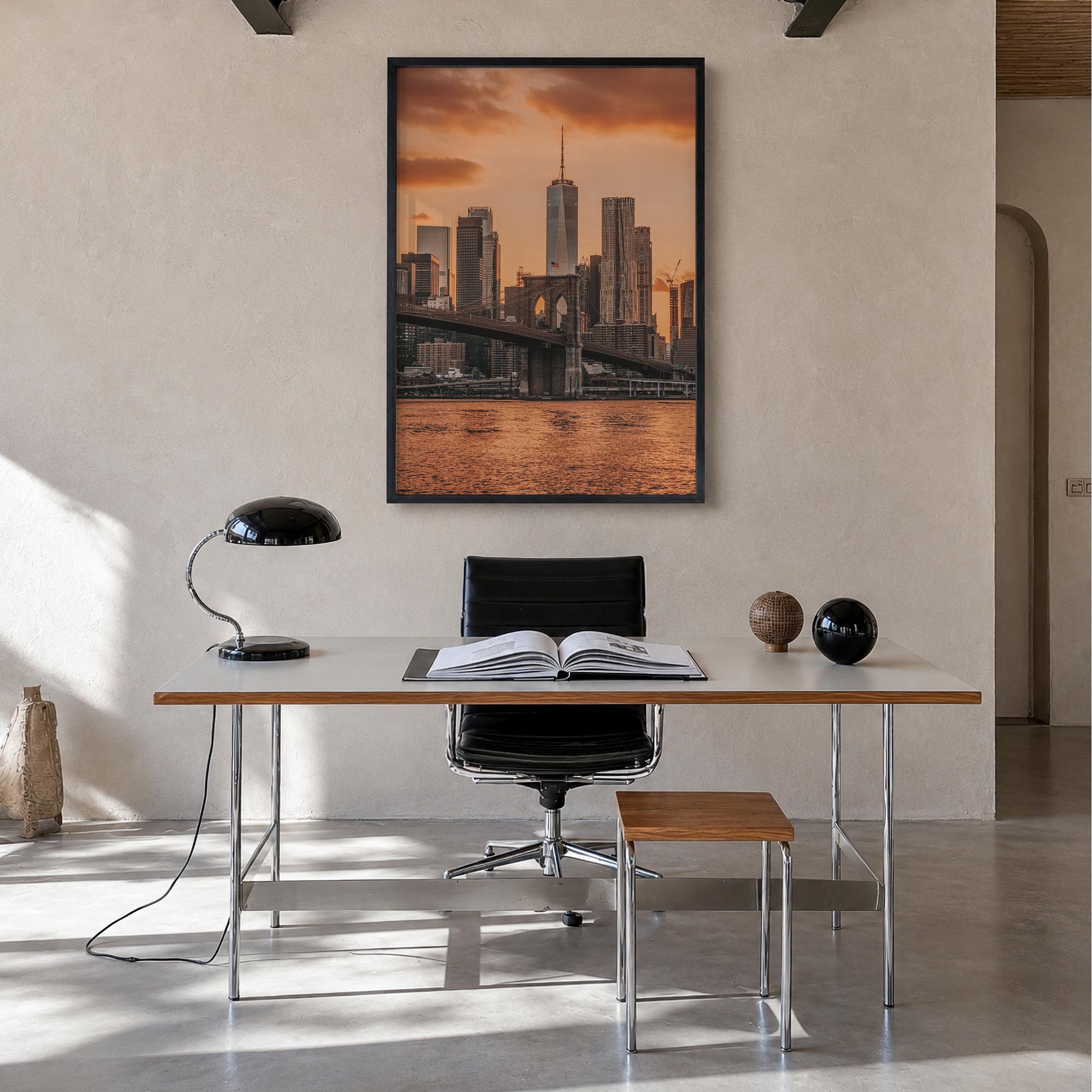 Brooklyn Bridge no. 3 colorful photo poster of New York City, New York – vertical wall art in black wood frame, hanging on wa