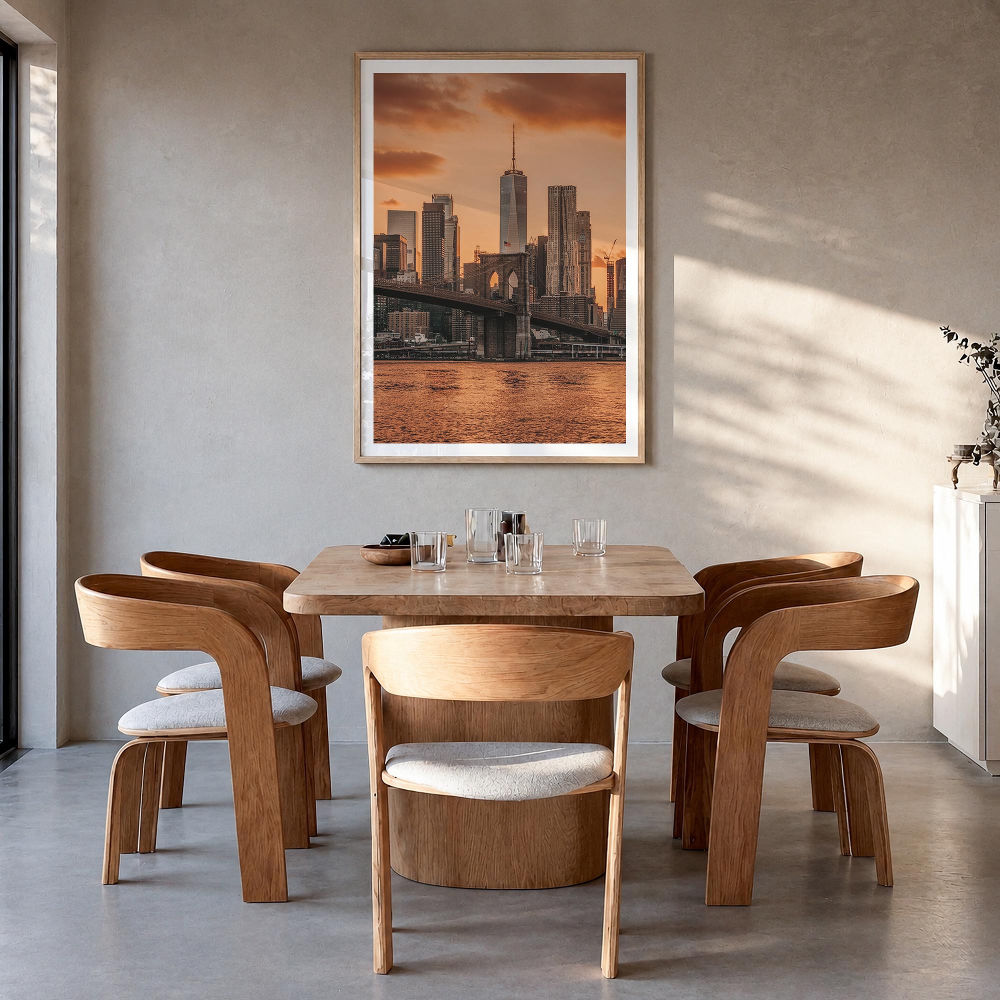 Brooklyn Bridge no. 3 colorful photo poster of New York City, New York – vertical wall art in natural wood frame with white b