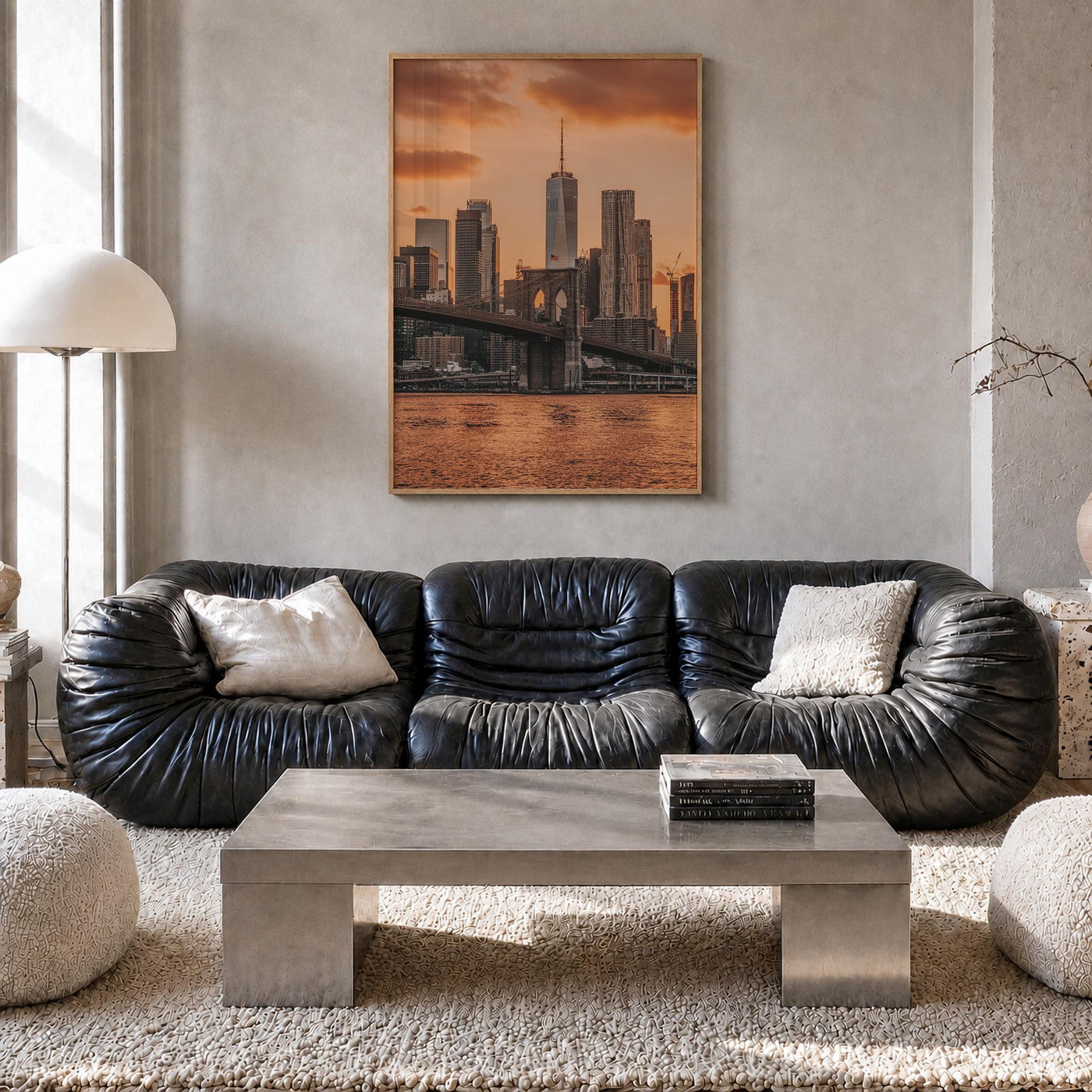Brooklyn Bridge no. 3 colorful photo poster of New York City, New York – vertical wall art in natural wood frame, hanging on 
