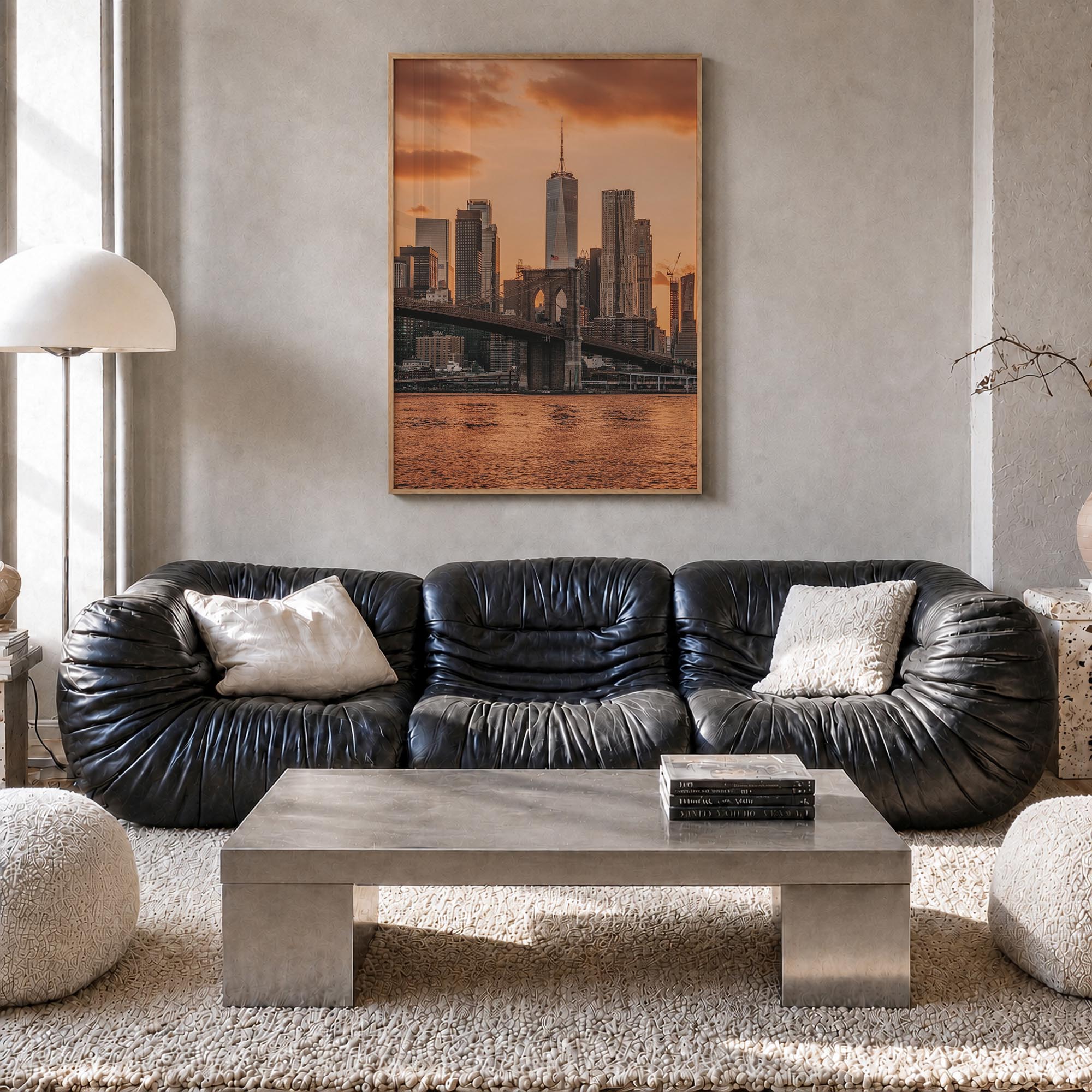 Brooklyn Bridge no. 3 colorful photo poster of New York City, New York – vertical wall art in natural wood frame, hanging on 