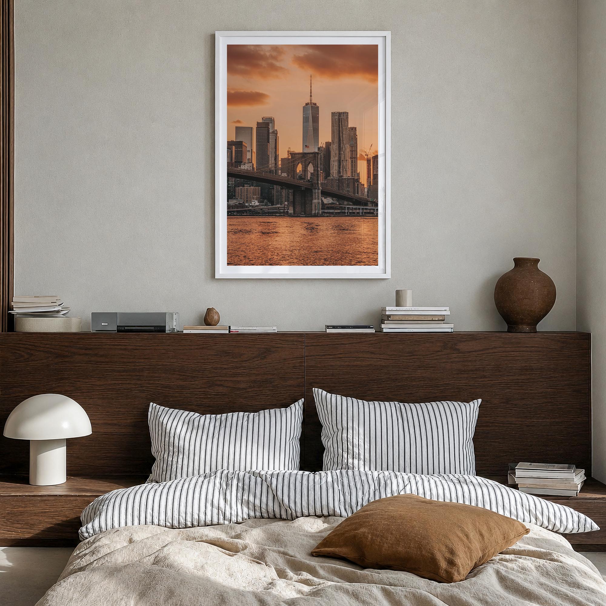 Brooklyn Bridge no. 3 colorful photo poster of New York City, New York – vertical wall art in white wood frame with white bor