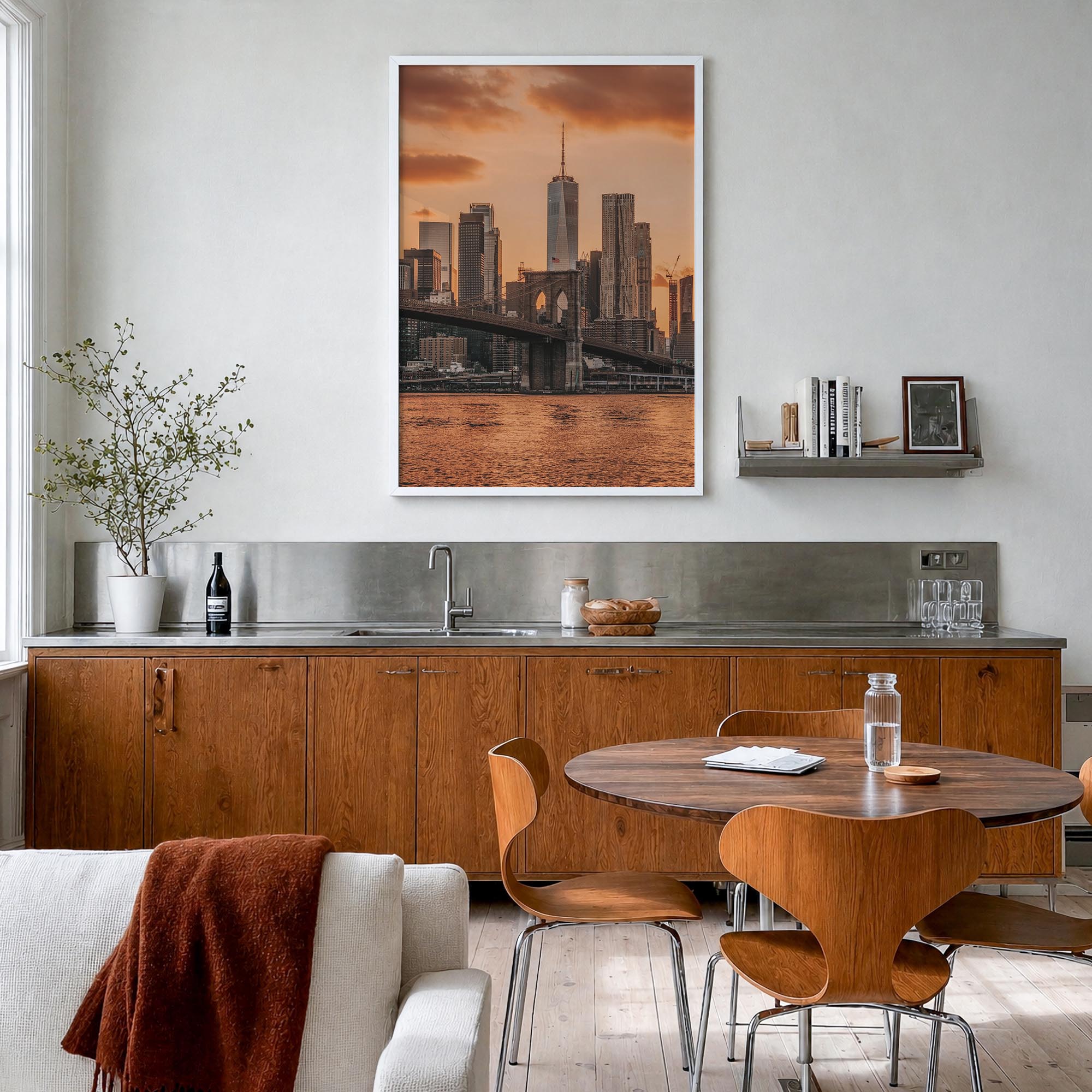 Brooklyn Bridge no. 3 colorful photo poster of New York City, New York – vertical wall art in white wood frame, hanging on wa
