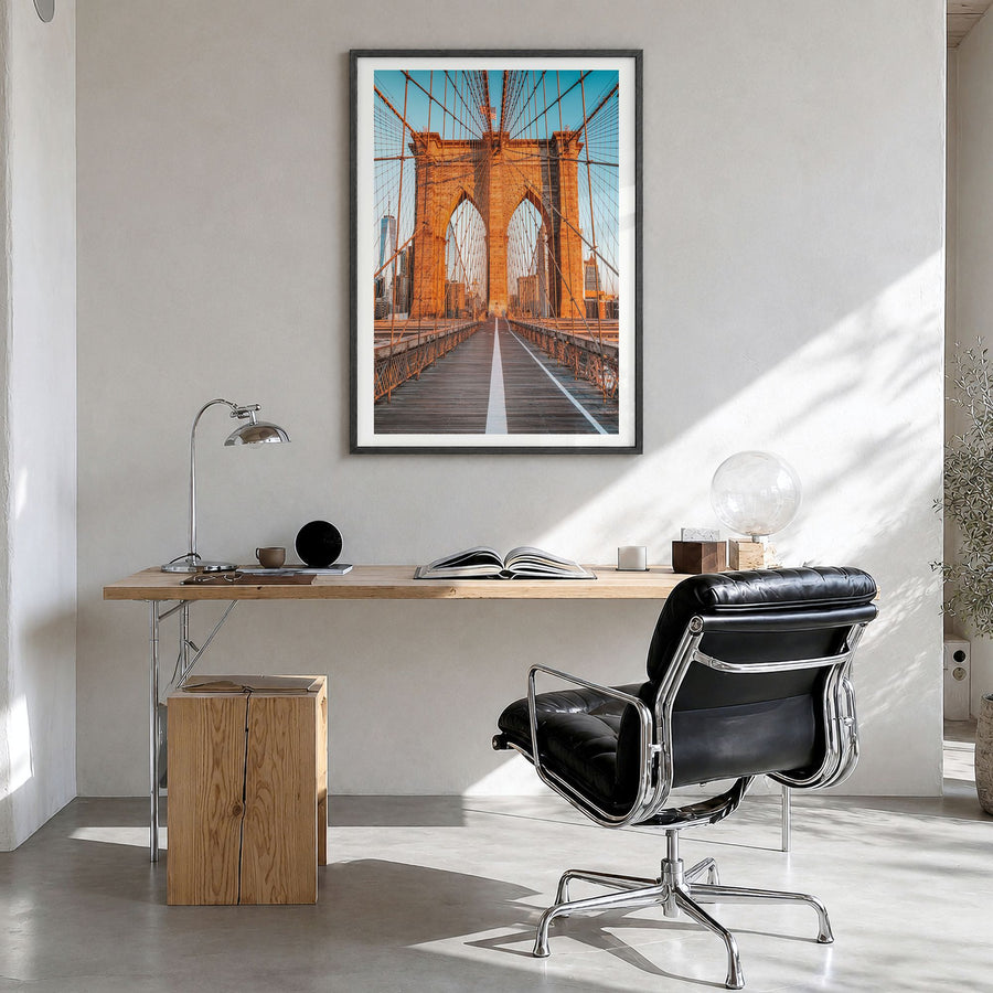 Brooklyn Bridge Photo No 1 Poster in a black wood frame, hanging in a bright home office, white border