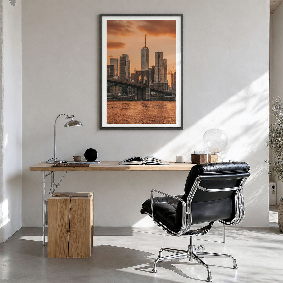 Brooklyn Bridge Photo No 3 Poster in a black wood frame, hanging in a bright home office, white border