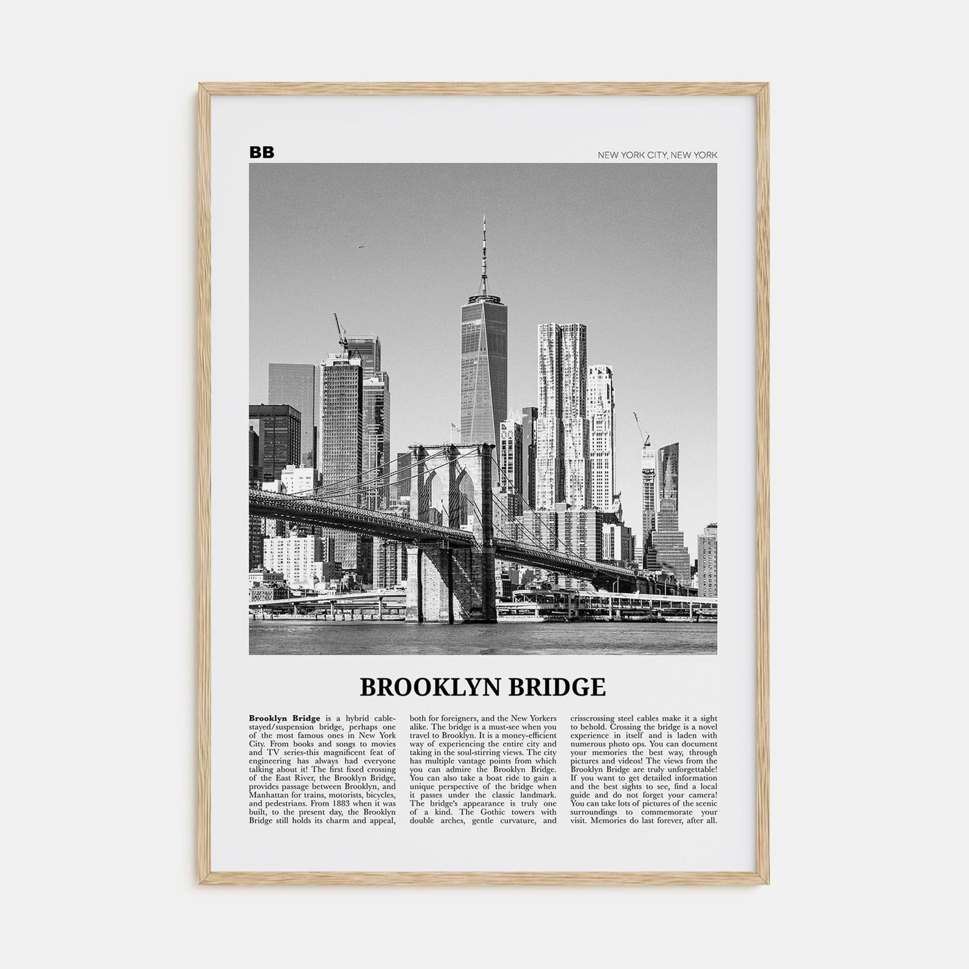 Brooklyn Bridge Poster Natural Wood / 8x12 in Nbourhood Travel B&W Poster