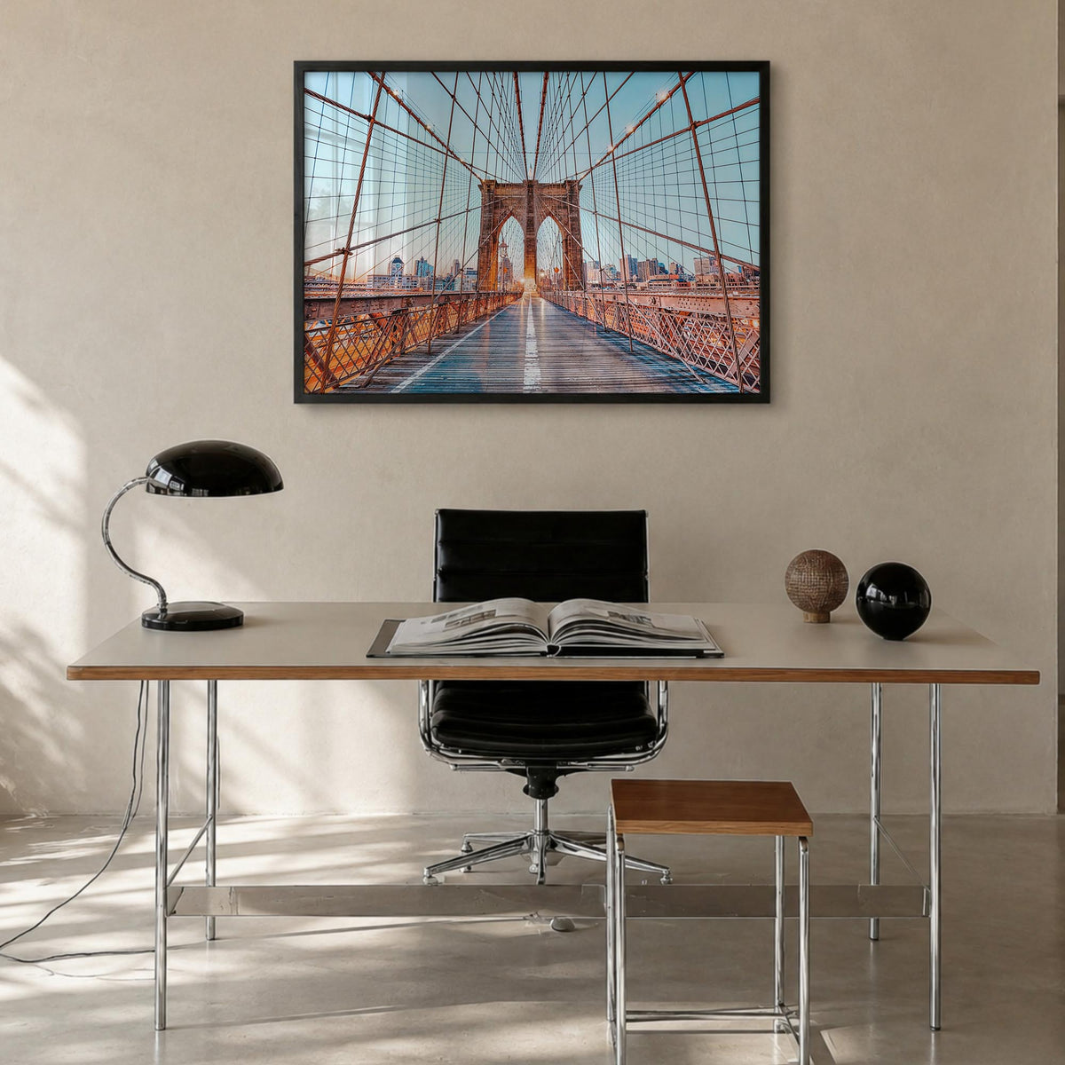 Brooklyn colorful photo poster of New York City, New York – horizontal wall art in black wood frame, hanging on wall