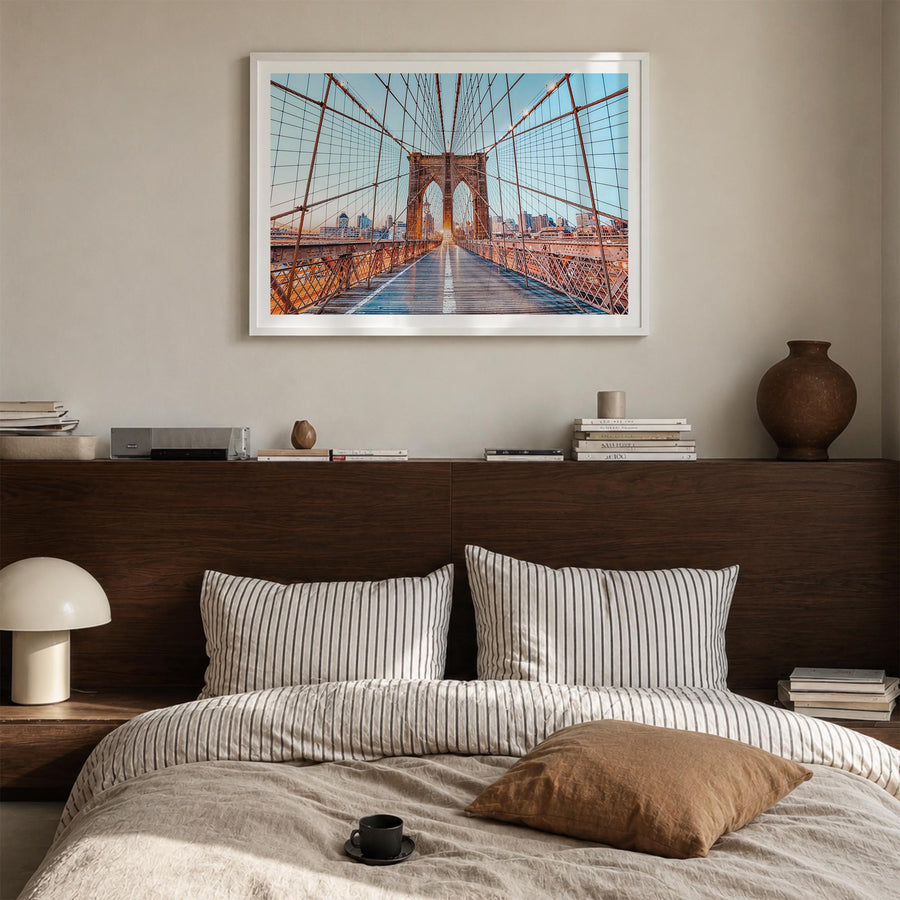 Brooklyn colorful photo poster of New York City, New York – horizontal wall art in white wood frame with white border, hangin