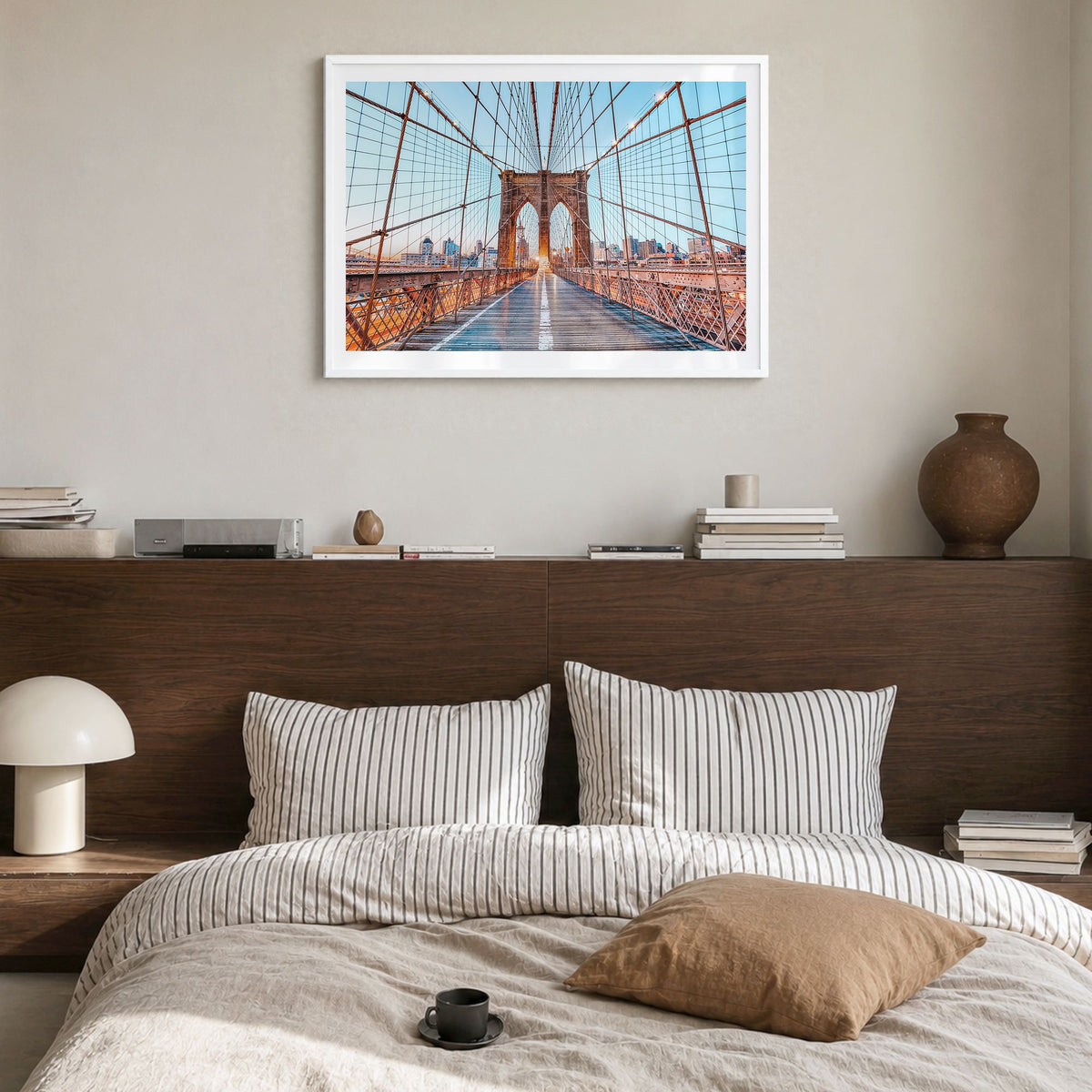 Brooklyn Photo Poster in a white wood frame, hanging in a bedroom, white border