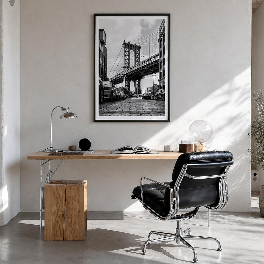 Brooklyn no. 1 black & white photo poster of New York City, New York – vertical wall art in black wood frame with white borde