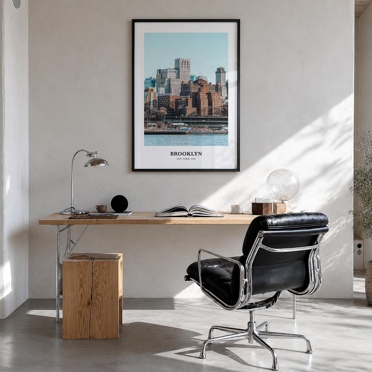 Brooklyn no. 1 colorful classic poster of New York City, New York – vertical wall art in black wood frame, hanging on wall