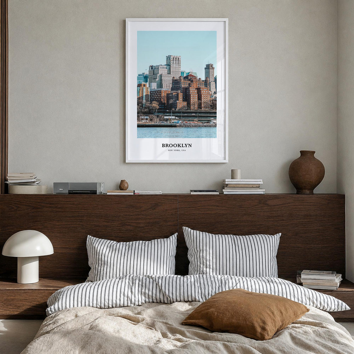 Brooklyn no. 1 colorful classic poster of New York City, New York – vertical wall art in white wood frame, hanging on wall