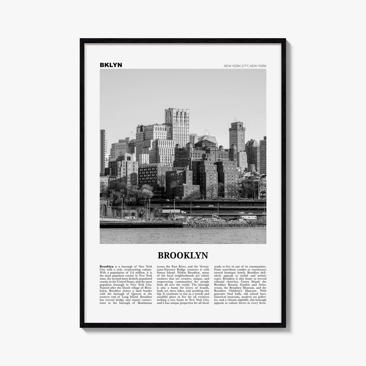Brooklyn no. 2 black & white newspaper poster of New York City, New York – vertical wall art, unframed print shown in interio