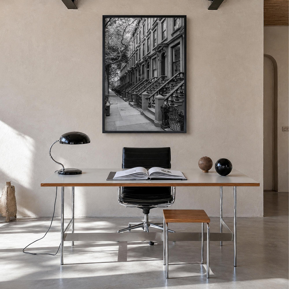Brooklyn no. 2 black & white photo poster of New York City, New York – vertical wall art in black wood frame, hanging on wall