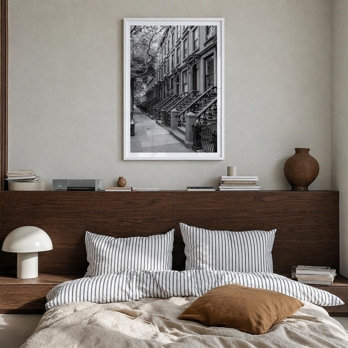 Brooklyn no. 2 black & white photo poster of New York City, New York – vertical wall art in white wood frame with white borde