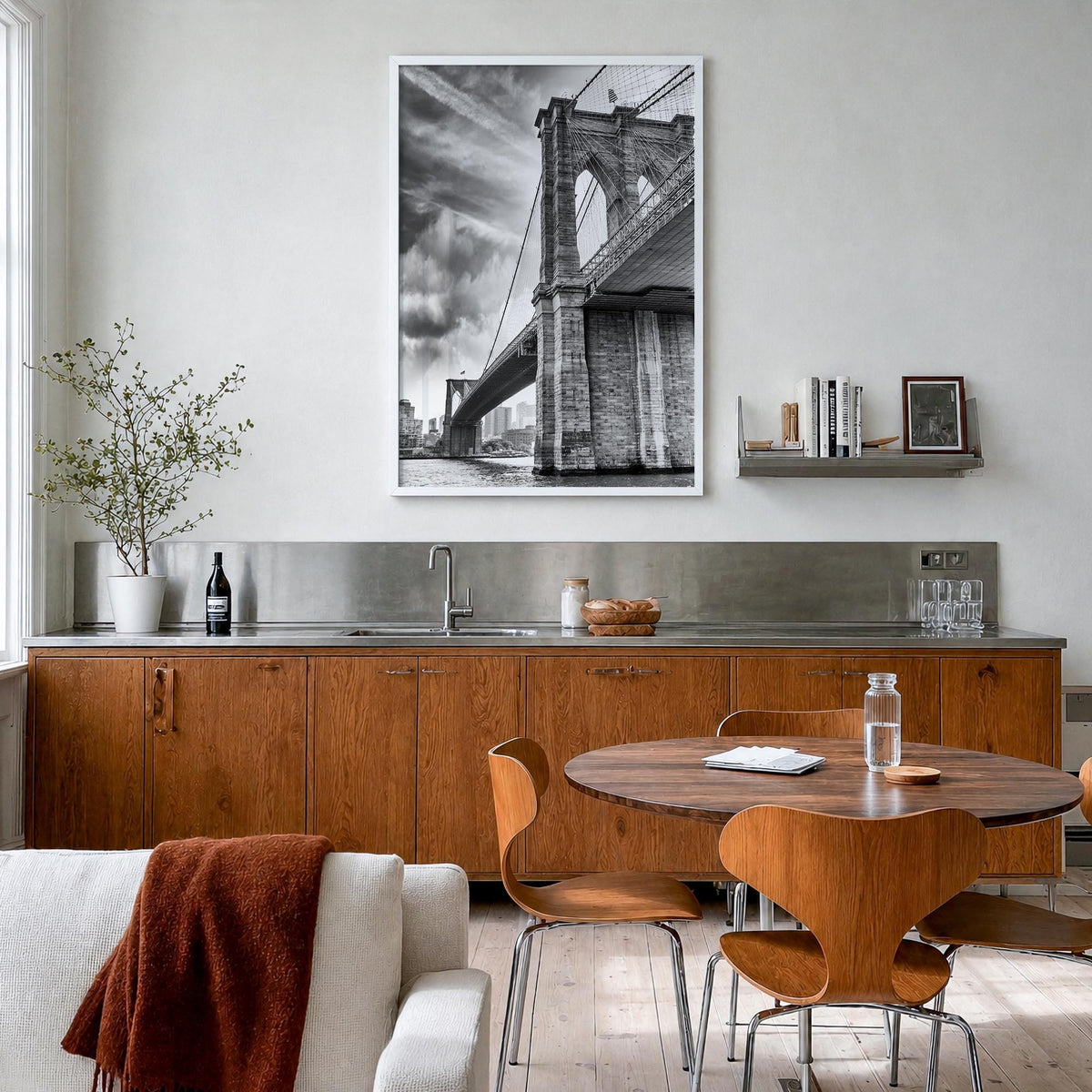 Brooklyn no. 3 black & white photo poster of New York City, New York – vertical wall art in white wood frame, hanging on wall