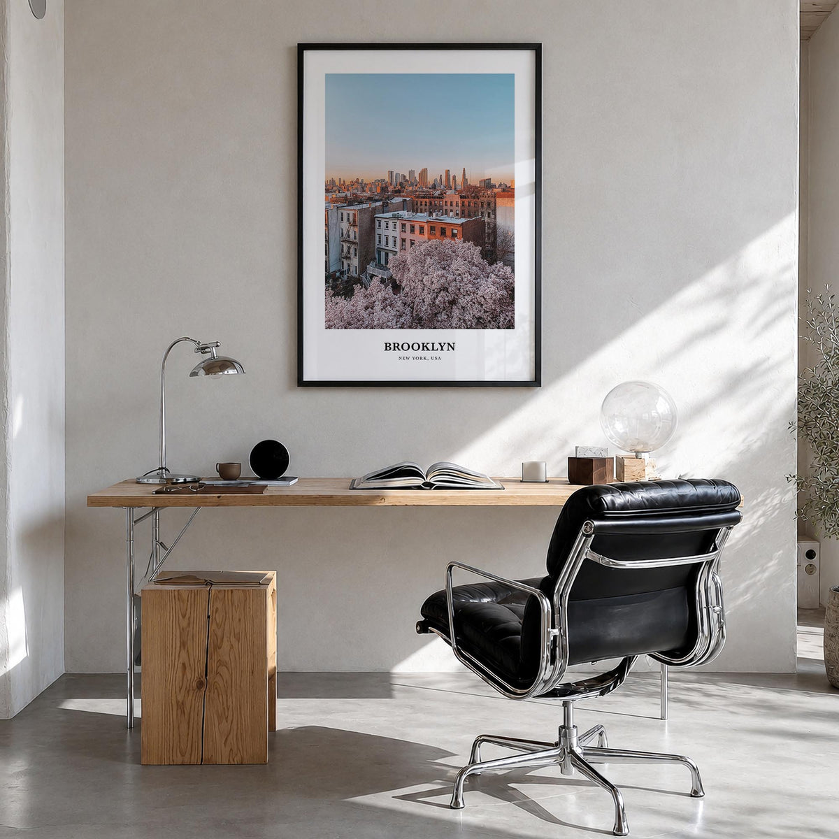 Brooklyn no. 3 colorful classic poster of New York City, New York – vertical wall art in black wood frame, hanging on wall