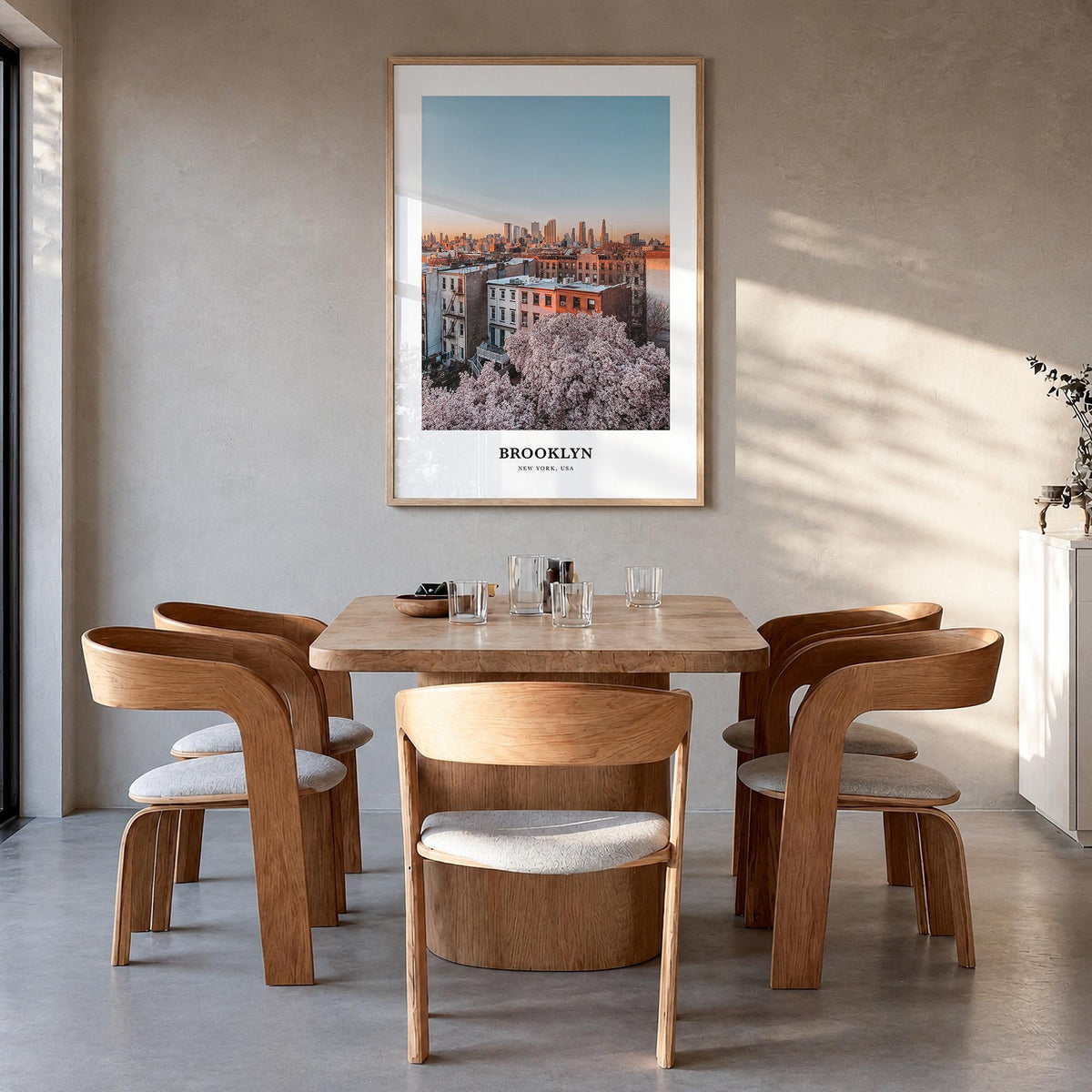 Brooklyn no. 3 colorful classic poster of New York City, New York – vertical wall art in natural wood frame, hanging on wall