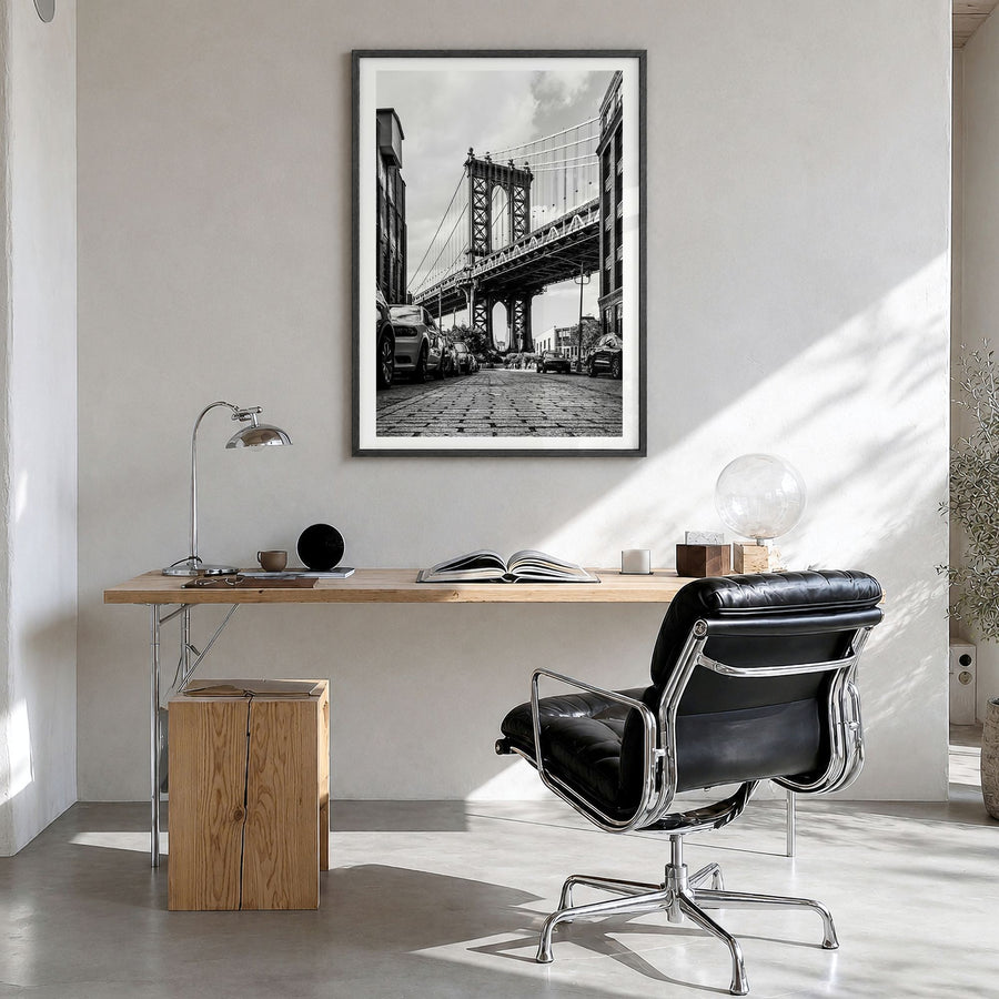 Brooklyn Photo No 1 Poster in a black wood frame, hanging in a bright home office, white border