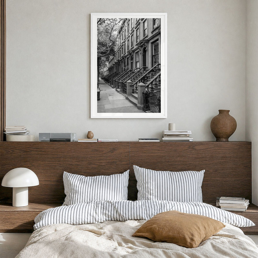 Brooklyn Photo No 2 Poster in a white wood frame, hanging in a bedroom, white border