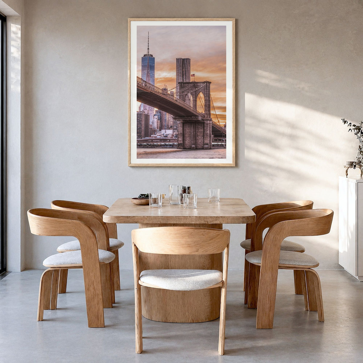 Brooklyn Photo No 2 Poster in a natural wood frame, hanging in a dining room, white border