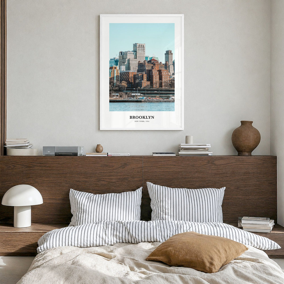 Brooklyn Classic No 1 Poster in a white wood frame, hanging in a bedroom
