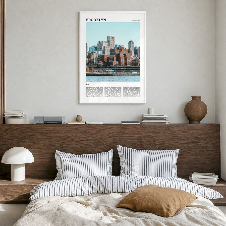 Brooklyn Travel No 1 Poster in a white wood frame, hanging in a bedroom