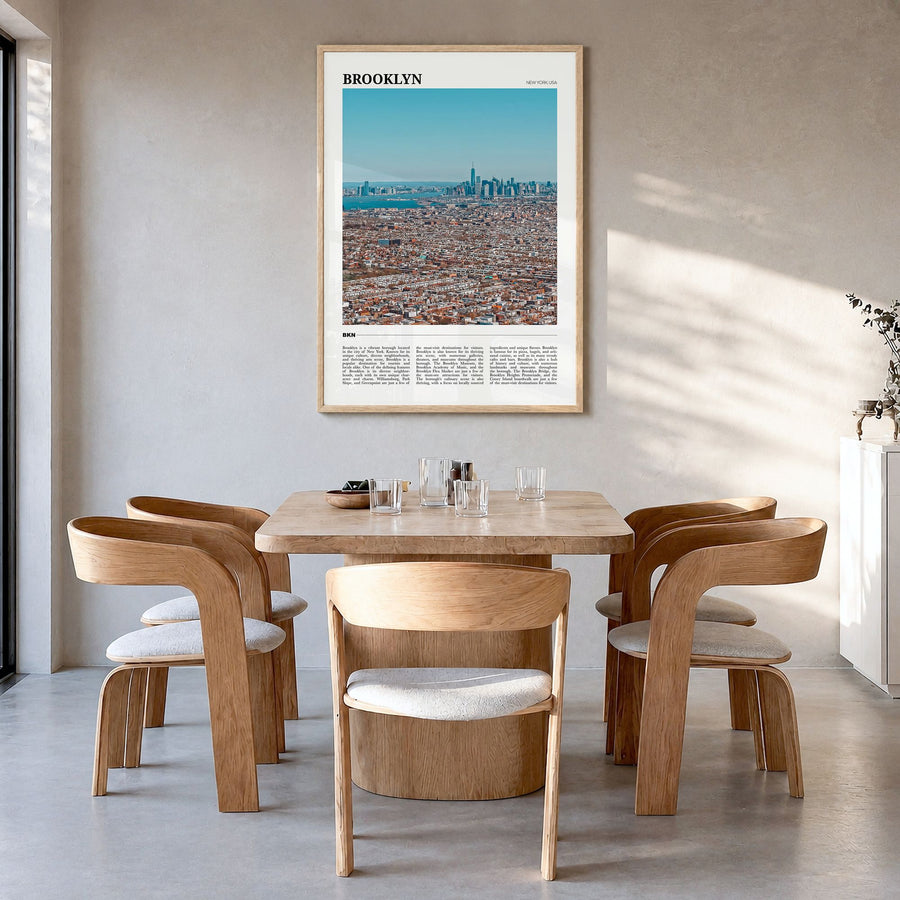 Brooklyn Travel No 2 Poster in a natural wood frame, hanging in a dining room