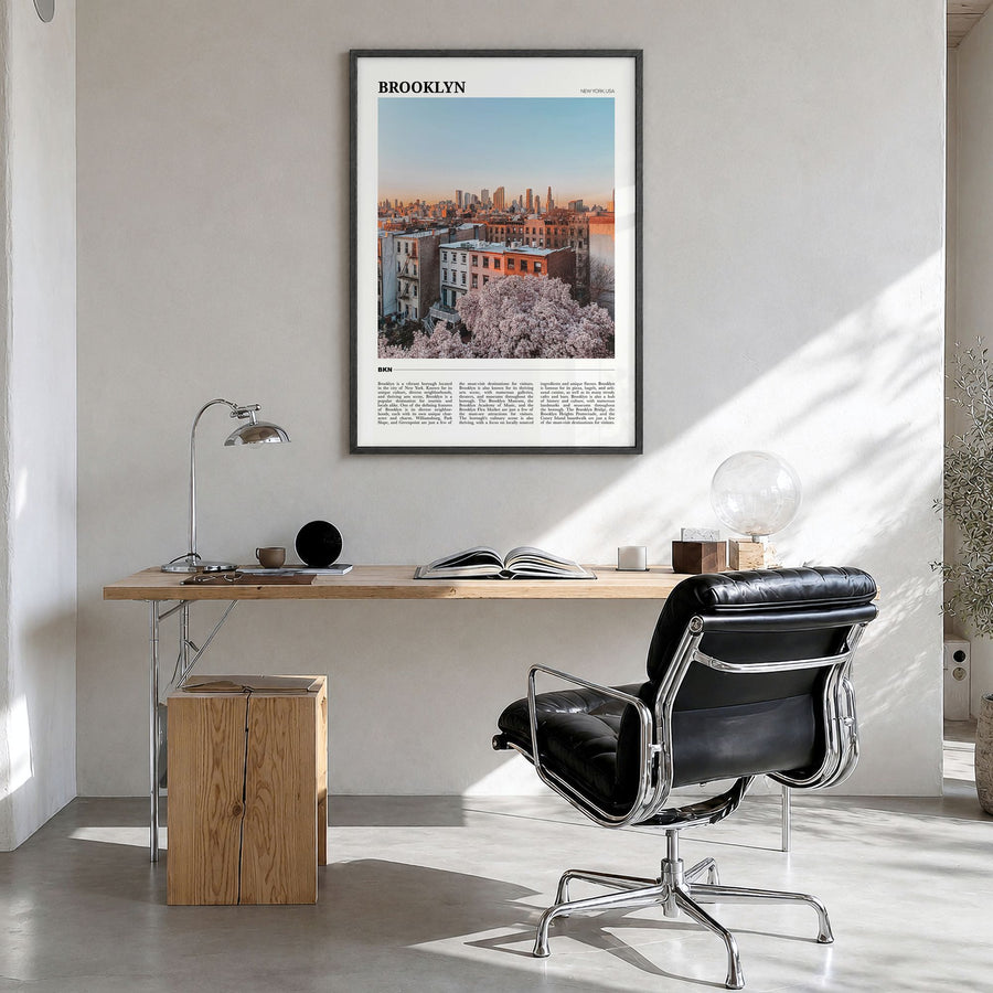 Brooklyn Travel No 3 Poster in a black wood frame, hanging in a bright home office