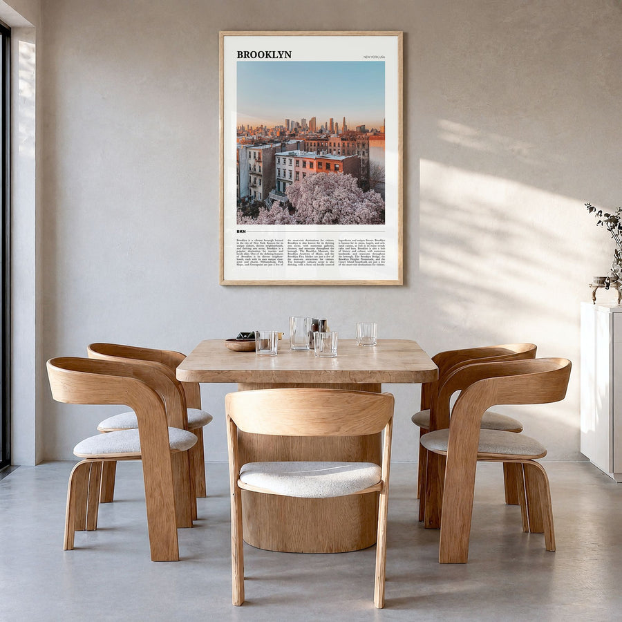 Brooklyn Travel No 3 Poster in a natural wood frame, hanging in a dining room
