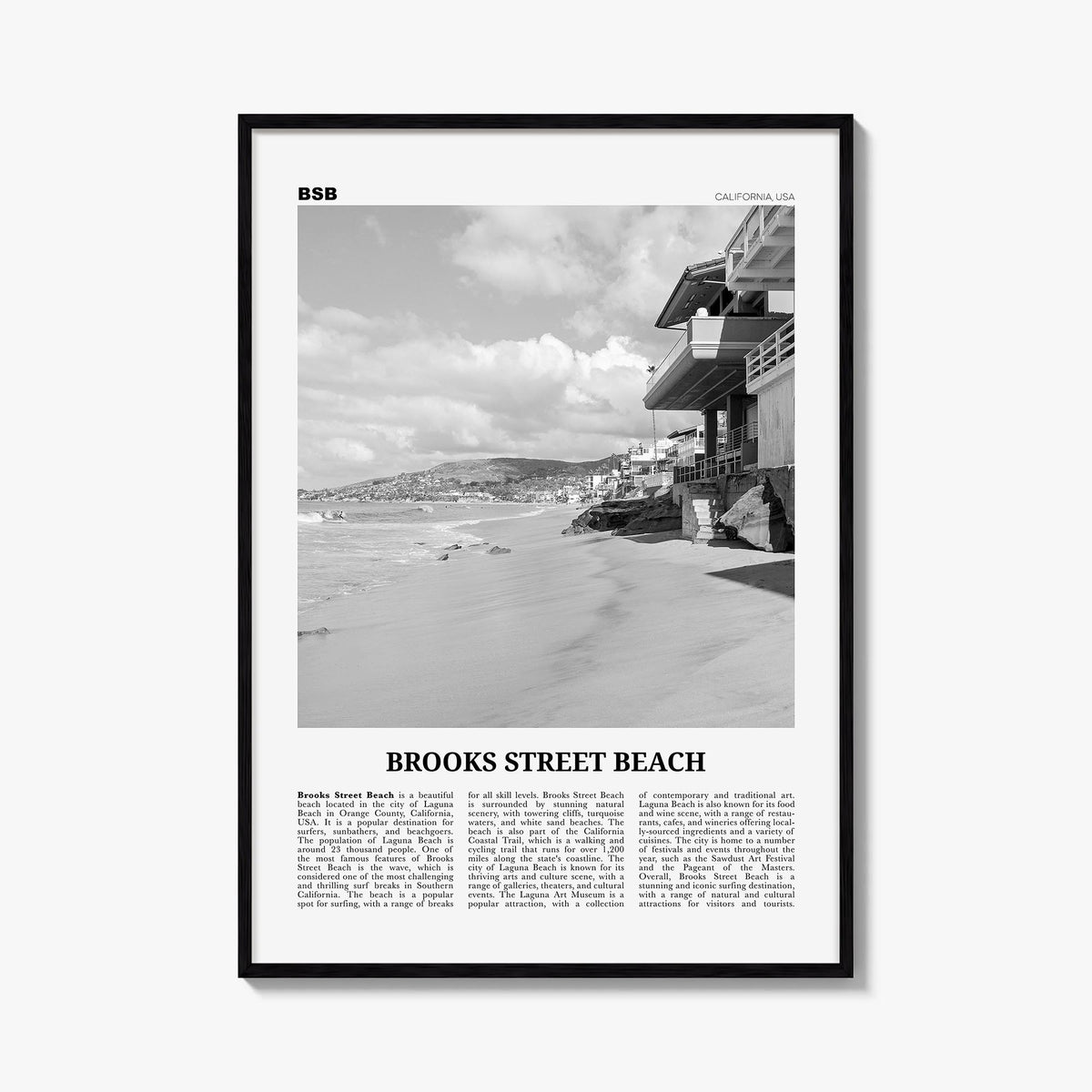 Brooks Street Beach black & white newspaper poster of California, USA – vertical wall art, unframed print shown in interior m