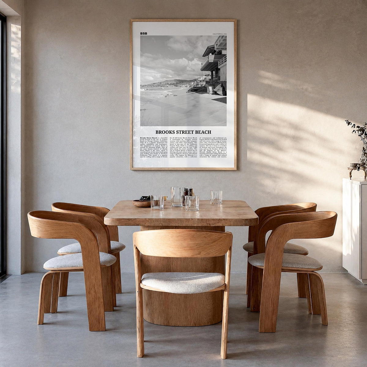 Brooks Street Beach black & white newspaper poster of California, USA – vertical wall art in natural wood frame, hanging on w