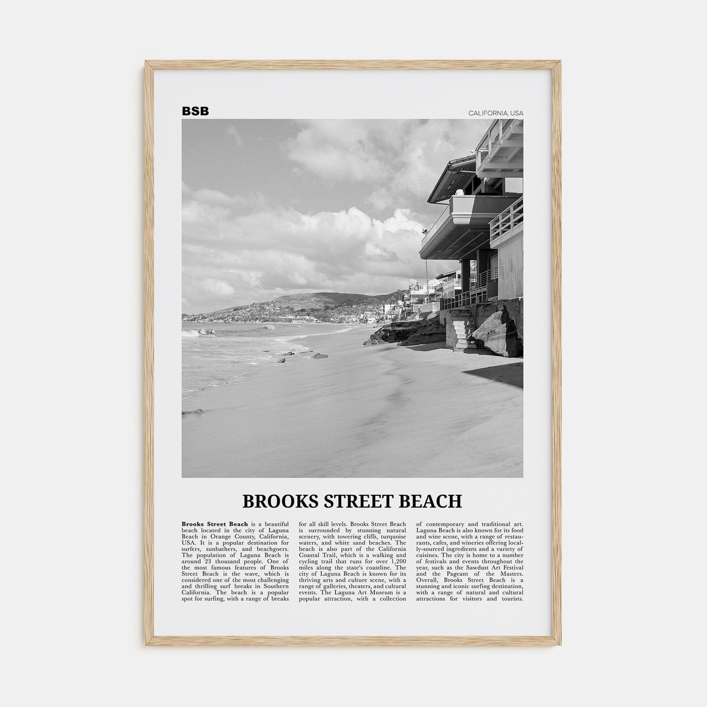 Brooks Street Beach Poster Natural Wood / 8x12 in Nbourhood Travel B&W Poster