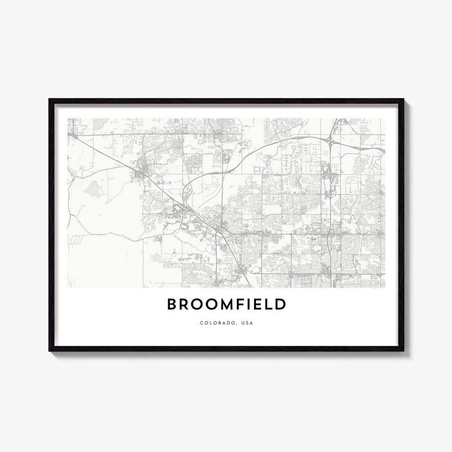 Broomfield black & white map poster of Colorado, USA – horizontal wall art, unframed print shown in interior mockup