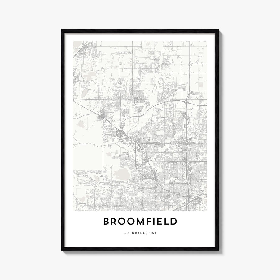 Broomfield black & white map poster of Colorado, USA – vertical wall art, unframed print shown in interior mockup