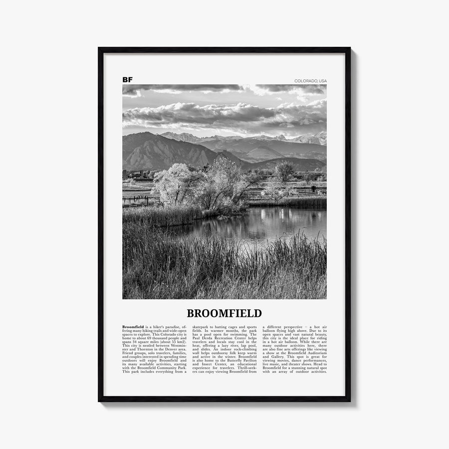 Broomfield black & white newspaper poster of Colorado, USA – vertical wall art, unframed print shown in interior mockup