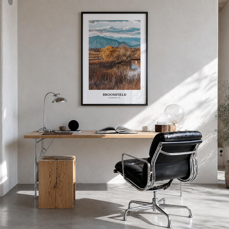 Broomfield colorful classic poster of Colorado, USA – vertical wall art in black wood frame, hanging on wall