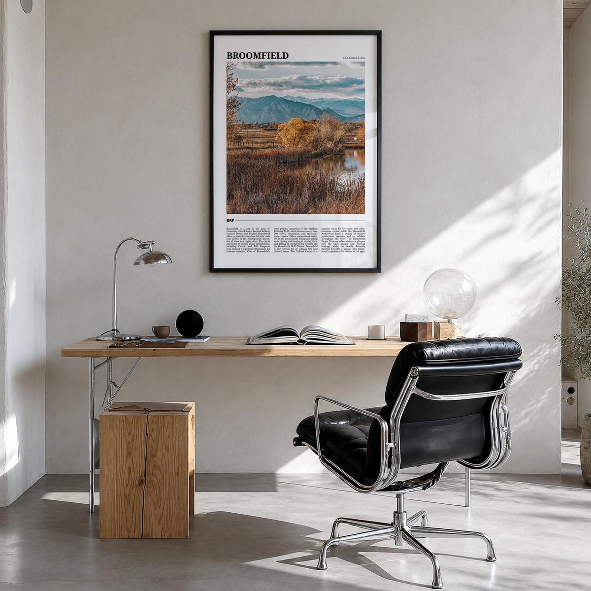 Broomfield colorful travel poster of Colorado, USA – vertical wall art in black wood frame, hanging on wall