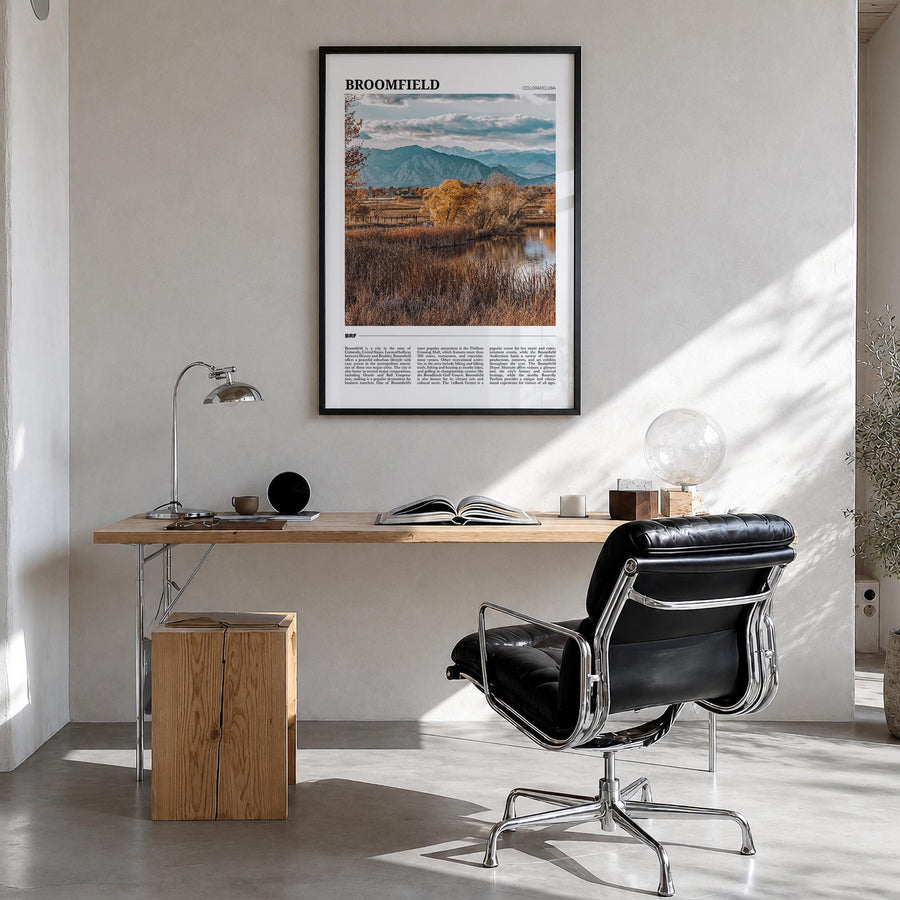 Broomfield colorful travel poster of Colorado, USA – vertical wall art in black wood frame, hanging on wall