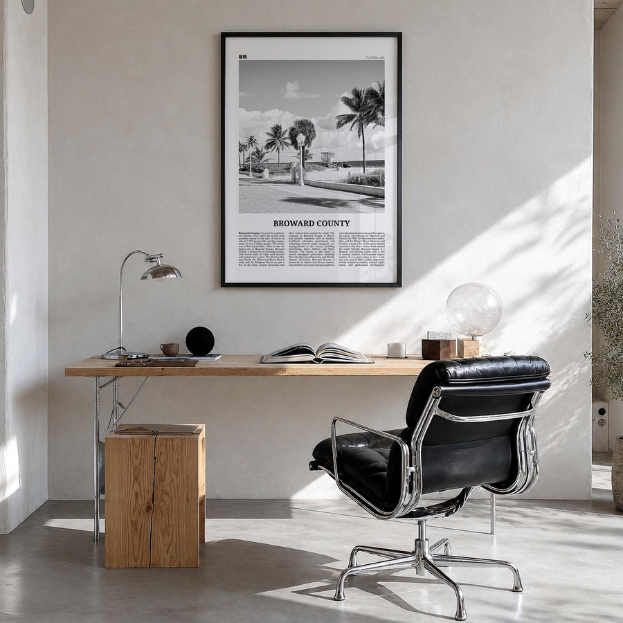 Broward County black & white newspaper poster of Florida, USA – vertical wall art in black wood frame, hanging on wall
