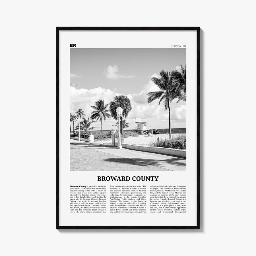 Broward County black & white newspaper poster of Florida, USA – vertical wall art, unframed print shown in interior mockup