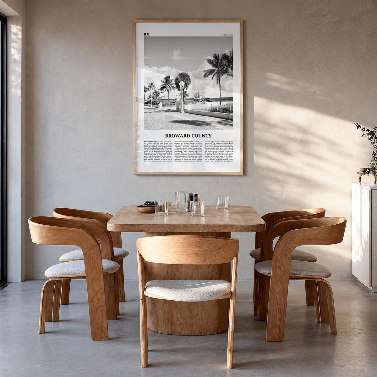 Broward County black & white newspaper poster of Florida, USA – vertical wall art in natural wood frame, hanging on wall