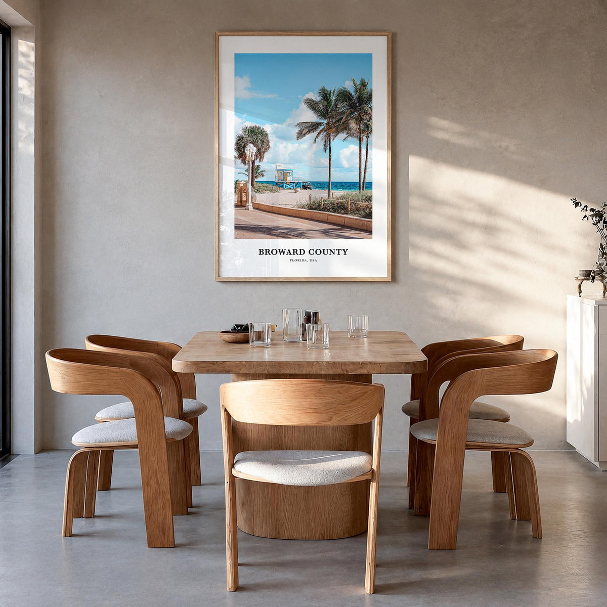 Broward County colorful classic poster of Florida, USA – vertical wall art in natural wood frame, hanging on wall
