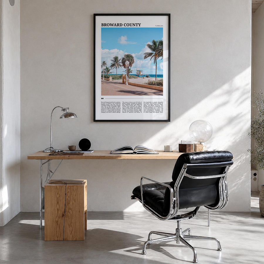 Broward County colorful travel poster of Florida, USA – vertical wall art in black wood frame, hanging on wall