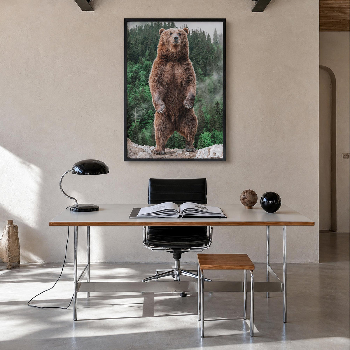 Brown Bear no. 1 colorful photo poster – vertical wall art in black wood frame, hanging on wall